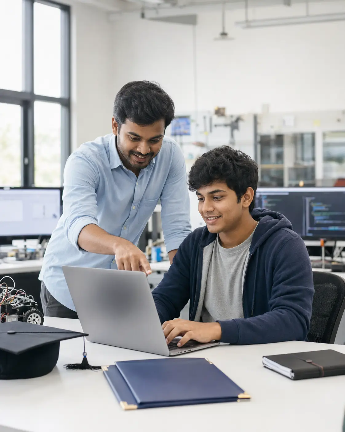 Engineering student building a technology project with guidance from a mentor